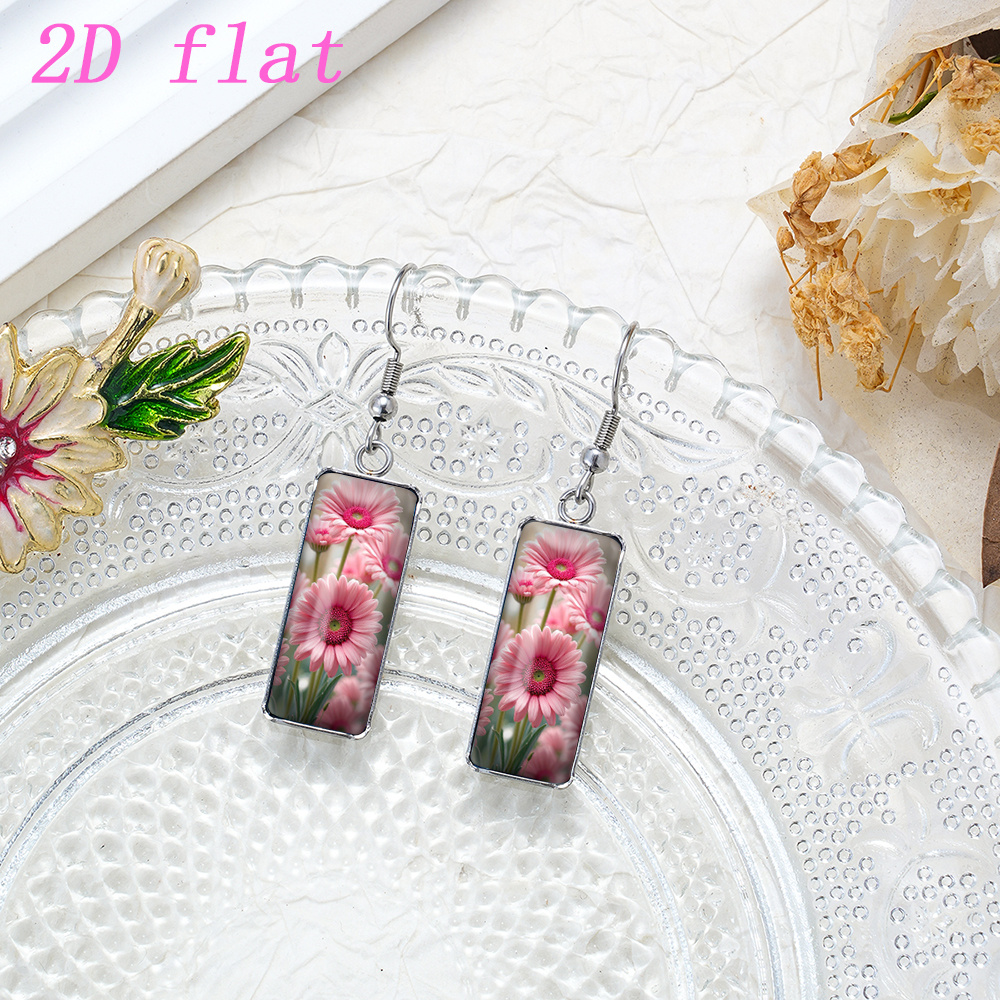 Women's Pink Gerbera Pattern Glass Rectangle Earrings, Hypoallergenic
